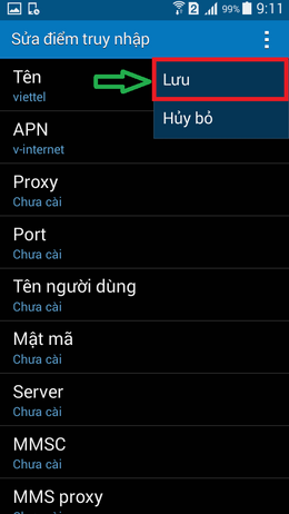 lưu lại cấu hình apn